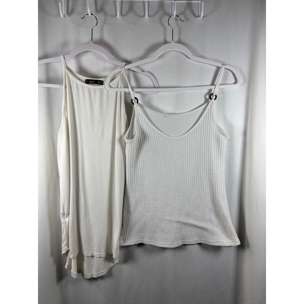 ZJCT White Waffle Knit Spaghetti Strap Tank Top & Basic‎ Tank Bundle Size S